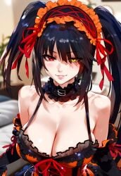 1girls ai_generated bangs bare_shoulders black_dress black_hair blush breasts choker clavicle cleavage clock_eyes clothing curvaceous curvaceous_female curvaceous_figure curvy curvy_figure date_a_live dress eyes_visible_through_hair female female female_focus floxin frilled_dress frills gothic_lolita grin hair_ornament hair_ribbon hairband headwear heterochromia indoors inviting inviting_to_sex large_breasts lips lolita_fashion lolita_hairband long_hair looking_at_viewer orange_dress parted_lips red_eyes red_ribbon ribbon seductive seductive_look seductive_smile smile solo symbol-shaped_pupils tied_hair tokisaki_kurumi twintails upper_body voluptuous voluptuous_female yellow_eyes