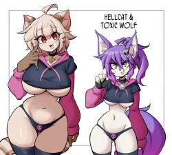 2girls big_breasts breasts felis_(lucyfercomic) female furry hiel_(lucyfercomic) huge_breasts lucyfercomic original paggi_outfit tagme thick_thighs underboob wide_hips