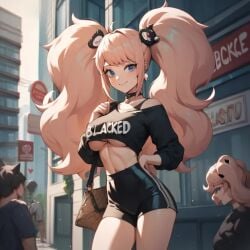 ai_generated big_breasts black_owned blacked_clothing blonde_hair danganronpa danganronpa:_trigger_happy_havoc jungle_fever junko_enoshima looking_at_viewer outdoors qos qos_clothing queen_of_spades size_queen smile underboob