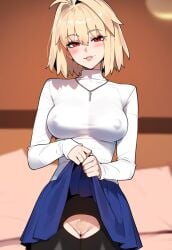 ai_generated arcueid_brunestud blonde_hair blue_skirt blurry_background clothes_lift cutout female female_only jagat_ai jewelry necklace pubic_hair pussy red_eyes short_hair skirt skirt_lift smile solo solo_female solo_focus sweat tsukihime tsukihime_(remake) turtleneck white_sweater