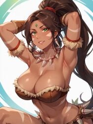 1female 1girl 1girls abs adoptable adoptable-ai ai_generated big_breasts boob_focus breast_focus brown_hair brown_hair_female bust_focus chest_focus dark-skinned_female dark_skin deviantart ear_piercing ear_piercings ear_ring ear_rings earring earrings female female_abs female_focus forehead_gem forehead_jewel gem_on_forehead green_eyes green_eyes_female jewel_on_forehead large_breasts league_of_legends looking_at_viewer nidalee ponytail ponytail_female riot_games shiny shiny_breasts shiny_skin shiny_thughs skimpy skimpy_clothes skimpy_costume skimpy_outfit smile smiling smiling_at_viewer solo solo_focus tooth_necklace tribal_markings tribal_tattoo tribal_tattoos watermark