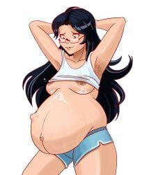 1girls belly big_belly black_hair breasts female fetal_movement glasses jean_shorts lactation nipples outie_navel preggosteggo pregnant shorts solo underboob veiny_belly