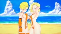 2girls 3d android_18 armpits artist_request ass beach blonde_hair blue_eyes bodysuit breasts dragon_ball dragon_ball_super female female_focus one-piece_swimsuit provocative pussy sex_invitation short_hair solo_female