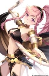 1girls absurdres alternate_costume artist_name black_hairband bracelet braid breasts bridal_gauntlets cleavage closed_mouth criss-cross_halter dancer dancing female female_only fire_emblem fire_emblem_awakening fire_emblem_heroes foreshortening gold_armlet gold_bracelet hair_tubes hairband halterneck hand_fan highres holding holding_fan jewelry long_hair looking_at_viewer medium_breasts midriff mixed-1girl navel nintendo o-ring o-ring_top official_alternate_costume olivia_(fire_emblem) olivia_(performing_arts)_(fire_emblem) pelvic_curtain pink_eyes pink_hair purple_eyes ryo-suzuki side_braids simple_background smile solo stomach swept_bangs thighs twin_braids underboob very_long_hair white_background