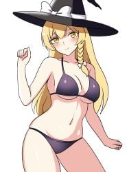 1girls big_breasts bikini black_bikini blonde_hair breasts ehehe52921343 hatwitch_hat light-skinned_female long_hair marisa_kirisame smile solo solo_female thick_thighs thighs touhou white_background yellow_eyes