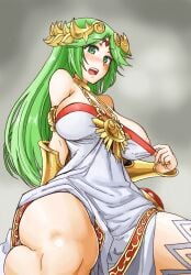 areola_slip armlet bare_shoulders blush breasts choker cleavage_reach clothes_pull crown dress female female_focus forehead_jewel green_eyes green_hair highres jewelry kid_icarus kid_icarus_uprising kneeling kurosu_gatari large_breasts long_hair matching_hair/eyes neck_ring nintendo nipple_slip nipples palutena pendant pulling_own_clothes sagging_breasts single_thighhigh solo strapless strapless_dress thighhighs thighs vambraces