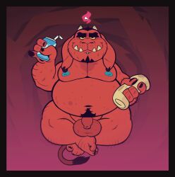 animated anthro barefoot belly beverage blue_nipples bovid caprine demon feet fire food goat horn male mammal nipples nude piercing short_playtime slightly_chubby slightly_chubby_male soda solo taco thewilldpink