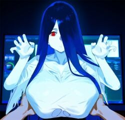 1female 2024 2d 2d_(artwork) big_breasts breasts computer computer_monitor female female_focus female_only ghost ghost_girl hair hair_over_one_eye holding_breast long_hair one_eye_covered one_eye_obstructed pov red_eyes the_ring thernz white_body white_skin yamamura_sadako