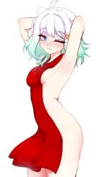 aqua_hair armpits arms_up backless_outfit blue_eyes blush breasts cgator dress female ghost_girl gradient_hair hair_ornament highres indie_virtual_youtuber looking_at_viewer mint_fantome mint_fantome_(minto_2.0) multicolored_hair naked_dress no_bra no_panties presenting_armpit red_dress revealing_clothes shiny_skin short_hair simple_background smile solo standing two_side_up virtual_youtuber white_background white_hair x_hair_ornament