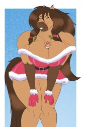 2girls anthro bedroom_eyes belt belt_buckle between_breasts blue_eyes brown_hair christmas christmas_clothing christmas_outfit hands_on_knees heart horse_ears horse_girl horse_tail large_breasts larger_female long_hair robthehoopedchipmunk size_difference smiling talia_(robthehoopedchipmunk) taller_girl thick_thighs tiny_female