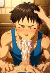 ai_generated biceps big_penis cumming cumming_in_mouth deepthroat ejaculation ejaculation_in_mouth gay hand_on_head male male_only muscular muscular_male neon_genesis_evangelion penis shinji_ikari toned_body toned_male twall97 yaoi