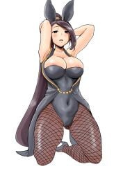 absurdres animal_ears areola_slip armpits arms_behind_head arms_up black_eyes breasts cleavage covered_navel dragon_quest dragon_quest_xi fake_animal_ears female fishnet_pantyhose fishnets high_heels highres jade_(dq11) kurosu_gatari large_breasts leotard long_hair martina_(dq11) pantyhose playboy_bunny ponytail purple_hair rabbit_ears simple_background solo very_long_hair white_background