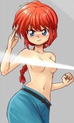 1girls blue_eyes blush censored censored_nipples female female_only half_naked looking_at_viewer ranma-chan ranma_1/2 ranma_saotome red_hair skechplezures solo topless