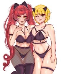 2girls ;) belly belly_button big_breasts blonde_female blonde_hair breast_press breasts brown_eyes brown_eyes_female cameltoe cat_ears_hairband child_bearing_hips clanxii cleavage clothed commission demon demon_ears demon_girl dj_mikami face_markings fishnet_pantyhose fishnets headband highres horns lingerie long_hair long_hair_female looking_at_viewer mizz_bubbleh multiple_girls oerba_yun_fang original original_characters pointy_ears red_hair short_hair short_hair_female smile smiling smiling_at_viewer stockings stomach thick thick_hips thick_thighs thigh_gap thighhighs transparent_background wink winking_at_viewer yellow_eyes yellow_eyes_female