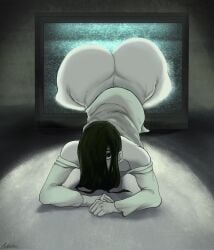 1girls ass big_ass black_hair coming_out_of_tv female hair_over_one_eye rikkatzu television white_body yamamura_sadako