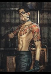 abs bulge_under_clothes collar collar_and_leash eyepatch leash_pull leather_gloves like_a_dragon_(series) looking_at_viewer majima_goro male_only missing_eye muscular muscular_male muzzle_(object) muzzled pants_only rgg_studio ryuu_ga_gotoku shirtless solo solo_male tattoo_on_back tattoo_on_chest yakuza_(series)