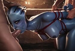 ai_generated blowjob blue_eyes bondage double_penetration fellatio liara_t'soni male mass_effect penis sex_from_behind