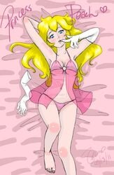 armpits elbow_gloves female female_only hime_takamura human lingerie mario_(series) nintendo on_bed pink_panties princess_peach solo