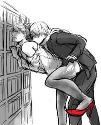 2boys alfred_jones america_(hetalia) anal anal_sex ass axis_powers_hetalia bookshelf crossdressing gay hair_grab heels high_heels ivan_braginski kissing licking male male_only russia_(hetalia) shelf tights torn_clothes tuxedo yaoi