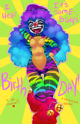 2012 ass_visible_through_thighs big_hair birthday blue_eyes blue_hair breasts choker cleavage clown clown_makeup dr_rockso english_text facepaint female female_only genderswap jumpsuit looking_at_viewer metalocalypse navel open_clothes purple_hair rainbow rule_63 signature smile solo tesazombie text thigh_gap tight_clothing tongue_out underboob wide_hips