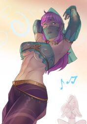 2girls belly_dancer blue_eyes breasts breath_of_the_wild cleavage dancer_outfit dancing female female_only genderswap gerudo gerudo_link gerudo_sirwal gerudo_top gerudo_veil hourglass_figure hylian hypnosis link long_hair looking_at_viewer mind_control multiple_girls nipple_bulge pointy_ears psudonym purple_hair rule_63 solo_focus sweat the_legend_of_zelda underboob veil voluptuous