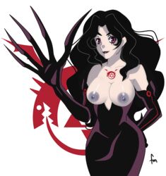 black_gloves black_hair breasts claws dress elbow_gloves female fullmetal_alchemist gloves grey_nipples jubschan long_gloves long_hair lust_(fullmetal_alchemist) nipples purple_eyes smile solo tagme