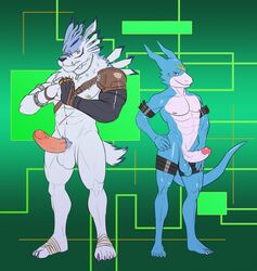 2018 5_toes abs balls canine digimon dragon erection flamedramon kajy male male_only mammal muscular nipples nude penis pose pubes simple_background toes were weregarurumon werewolf