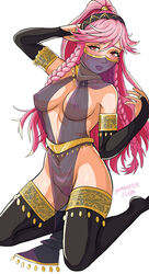 bare_shoulders belly_dancer belly_dancer_outfit blush braid breasts dancer female female_only fire_emblem fire_emblem_awakening hairband harem_girl harem_outfit highres jewelry loincloth long_hair midriff navel nipples olivia_(fire_emblem) pink_hair ponytail samanator_club solo translation_request twin_braids