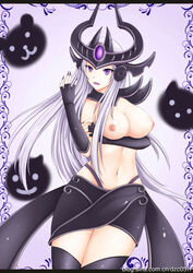 adapted_costume alternate_costume armor black_gloves black_legwear blush breasts cheng cleavage erect_nipples female fingerless_gloves fingernails forehead_jewel forehead_protector gloves helmet high_resolution large_breasts league_of_legends lips long_hair midriff navel purple_eyes silver_hair solo syndra thighhighs very_long_hair watermark web_address