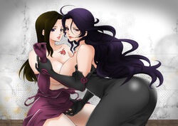 2girls ass black_hair blue_eyes breasts brown_hair dat_ass dress elbow_gloves fullmetal_alchemist gloves large_breasts long_gloves long_hair lust_(fullmetal_alchemist) multiple_girls purple_eyes sloth_(fullmetal_alchemist) tagme undressing yuri