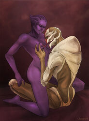 2girls areolae aria_t'loak artist_request asari blue_skin breasts canon_couple clenched_teeth closed_eyes female female_only green_eyes hand_on_breast interspecies long_tongue mass_effect mass_effect_3 multiple_girls nipple_licking nipples nude nyreen_kandros turian yuri