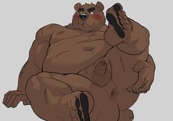 2019 anthro anus ass balls belly blush brown_fur fur humanoid_hands male male_only mammal moobs navel nipples oak oaks16 orchish_(pixiv) overweight overweight_male penis simple_background solo ursine