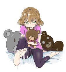 barefoot blush brown_hair cameltoe clothing cum cum_on_feet feet female green_eyes leggings long_hair looking_away makino_natsume oni_chichi oni_chichi_2 pov soles stuffed_animal toes