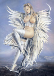 1girls angel angel_wings blonde_hair boots facing_viewer female full_body functionally_nude_female gloves half-dressed looking_at_viewer lorenzo_sperlonga medium_breasts mountainous_horizon outdoors solo topless wings