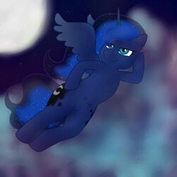 2013 alicorn blue_eyes blue_hair cutie_mark equine female feral friendship_is_magic hair horn horse long_hair moon multicolored_hair my_little_pony night nipples pony princess_luna_(mlp) pussy royalty smile solo stars wings zekromlover