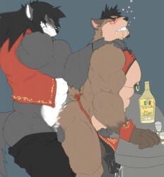 abs alcohol anal anal_sex anthro balls biceps big_balls black_hair black_penis blush bodybuilder brown_fur canine clenched_teeth cum cum_in_ass cum_inside cum_on_ass cum_on_penis cum_on_self cursedmarked drinks duo from_behind fur furry furry_only gay grey_fur hair huge_muscles hyper hyper_penis leaking male muscles nipple_piercing nipples no_humans orgasm pecs penetration penis piercing plain_background sex shots speedo table tequila thick_penis underwear vein veins waiter white_fur wolf