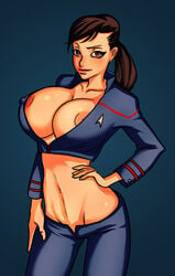 areolae breasts busty cleavage collarbone eyeliner female hand_on_hip hoshi_sato huge_breasts human lipstick looking_at_viewer midriff nipples pinup_pose sketchybehaviour solo standing star_trek star_trek_enterprise starfleet_insignia starfleet_uniform voluptuous