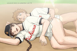 azasuke baseball blonde_hair braid breasts brown_eyes brown_hair clenched_teeth female hair hat highres large_breasts male mihashi_ren momoe_maria no_panties no_pants on_side ookiku_furikabutte open_mouth saliva sex short_hair straight sweat twin_braids vaginal_penetration yellow_eyes