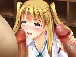 4:3 blonde_hair blue_gale blue_gale_light blush breasts censored double_handjob fat_man haganemaru handjob happy_sex jk_to_orc_heidan_aku_buta_oni_ni_ryougyakusareta_seijo_gakuen kanon_akiyama large_breasts penis