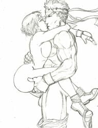 1boy 1girls abs aged_up ass biceps breast_press capcom exposed_torso female fingerless_gloves footwear gloves hand_on_waist handwear headband headwear hentai-ryukami_(fafnir_the_dragon) human kissing looking_at_partner male monochrome muscles muscular muscular_male naked nude pale_skin panties_around_one_leg pants_down penis ryu_(street_fighter) sakura_kasugano sex short_hair sideboob sketch stand_and_carry_position standing_sex straight street_fighter testicles vaginal vaginal_penetration