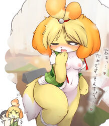 2012 2d ? alternate_breast_size animal_crossing anthro blush breasts canine chipar doubutsu_no_mori female furry isabelle_(animal_crossing) navel nintendo nipples office_lady panties panties_around_leg shizue_(doubutsu_no_mori) straight_hair tail tear villager_(animal_crossing) wide_hips wince