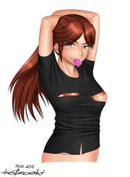 2013 arms_behind_head arms_up blue_eyes breasts claire_redfield condom condom_in_mouth female female_only human katzueki long_hair nipples ponytail red_hair resident_evil solo tied_hair torn_clothes