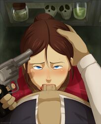 brian_irons claire_redfield deareditor deepthroat eye_contact fellatio female firearm forced_at_gunpoint gag gagging gun gunpoint handgun human male oral pov rape resident_evil revolver straight threatening tight_throat tongue_out weapon