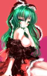 amii bare_shoulders breasts breasts_out cum cum_in_mouth cum_on_body cum_on_clothes cum_on_legs cum_on_lower_body female green_eyes green_hair hair_ornament hair_ribbon kagiyama_hina large_breasts long_hair nipples no_bra ribbon sitting solo touhou