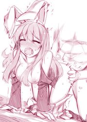 all_fours animal_ear bare_shoulders blush bottomless breasts bunny_ear closed_eyes doggy_style female kazetto long_hair off_shoulder open_clothes open_mouth open_shirt reisen_udongein_inaba rough sex skirt skirt_down skirt_pull skirt_removed sweat touhou trembling