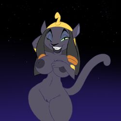 2013 aladdin anthro big_breasts black_nipples breasts disney fangs feline female fur furry furry_only looking_at_viewer mirage_(aladdin) navel night nipples nude pussy smile solo stars tail teeth thick_thighs villain xylas