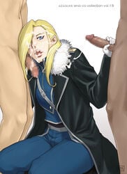 1girls 2boys azasuke blonde_hair blue_eyes censored cum cum_in_mouth cum_on_clothes cum_on_hair dark-skinned_male dark_skin facial female fullmetal_alchemist fur_collar fur_trim group_sex hair_over_one_eye handjob hi_res human interracial kneeling long_hair male military military_uniform multiple_boys nude olivier_mira_armstrong open_mouth penis standing straight threesome uniformcfnm