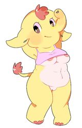 animal_crossing arms_behind_head black_eyes blush breasts brown_hair elephant eloise_(animal_crossing) female nintendo nipple_slip pussy tagme unknown_artist yellow_skin