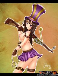 1girls ass blush breasts brown_hair caitlyn_kiramman cheng gun handcuffs league_of_legends long_hair miniskirt nipples purple_eyes smile top_hat topless weapon