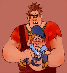 2boys artist_request brown_hair disney erection fix-it_felix gay hat legs_held_open male male_only penis_rub penis_under_clothes ralph_(wreck-it_ralph) sitting_on_hand size_difference spread_legs tagme torn_sleeves wreck-it_ralph yaoi